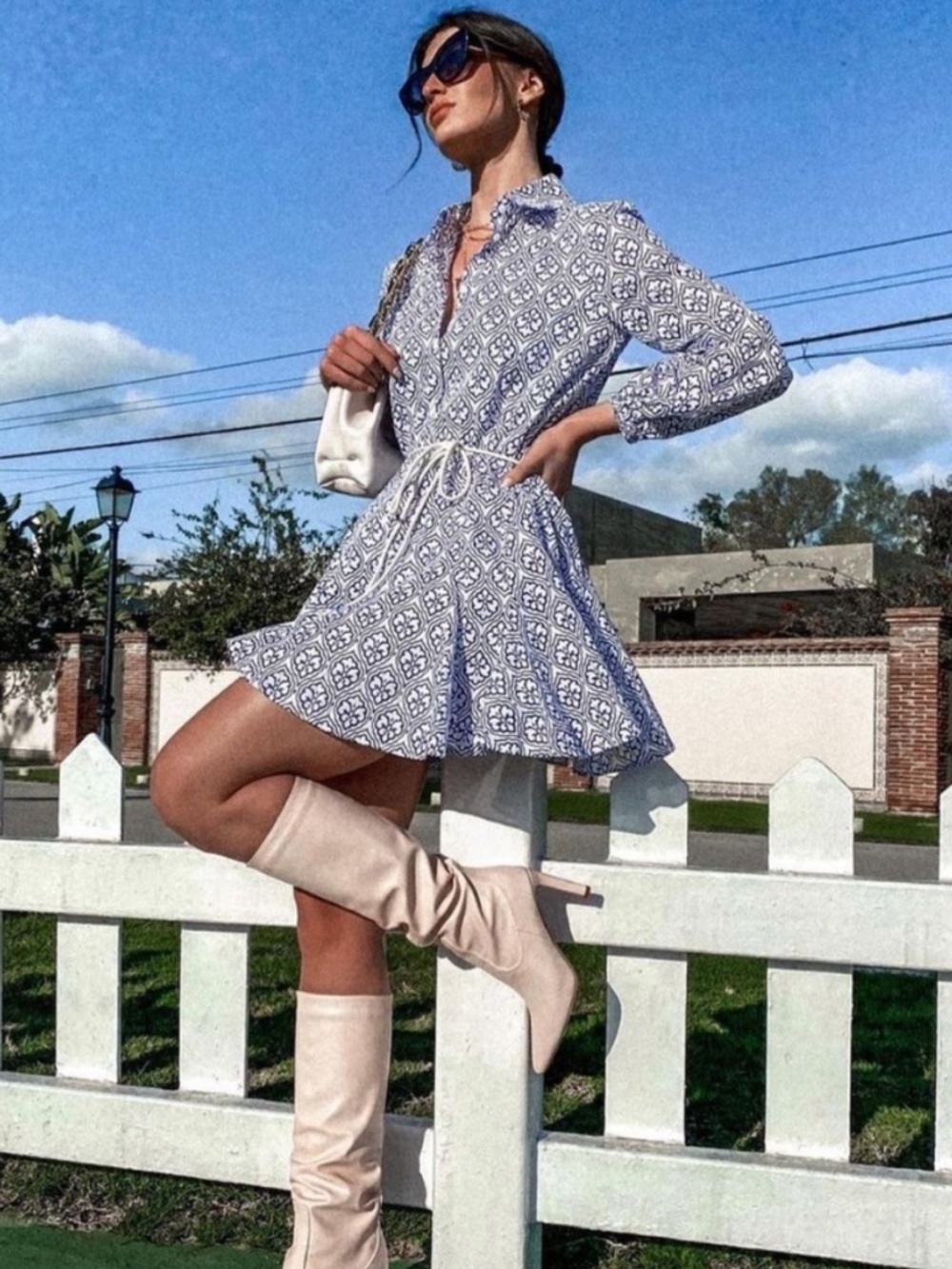 NWT [Zara] Button Down Blue White Tile Shirt Mini Dress Rope Belt | Medium - Picture 9 of 14
